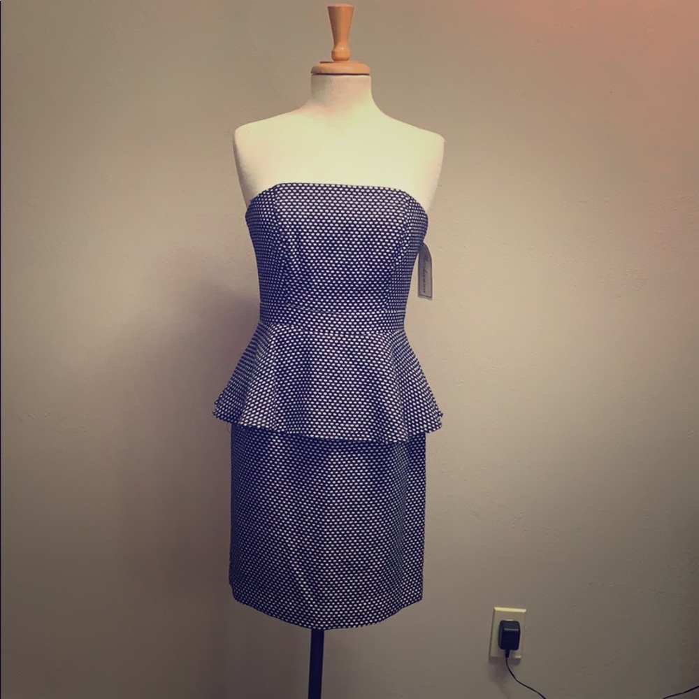 Navy blue woven peplum strapless wiggle dress